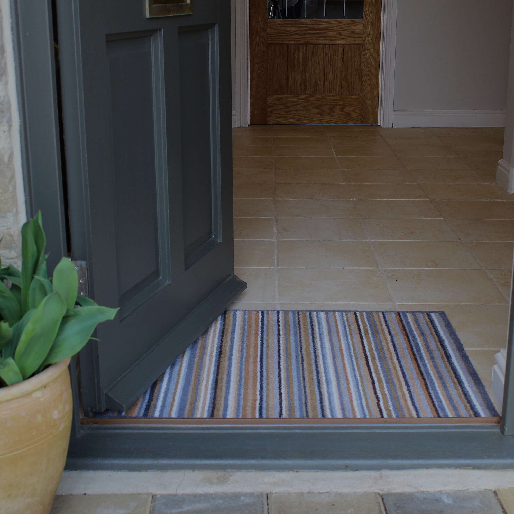 Natural Stripe Recycled Washable Doormat In Grey Multi